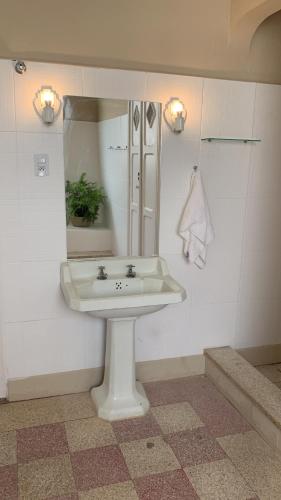 uma casa de banho com um lavatório branco e um espelho. em Hospedaria das Brotas em Espírito Santo do Pinhal