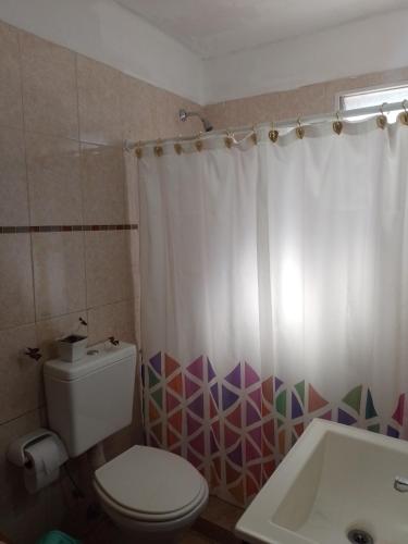 ein Bad mit einem WC und einem Duschvorhang in der Unterkunft Depto Cuca y Andrés in Cerro de Oro