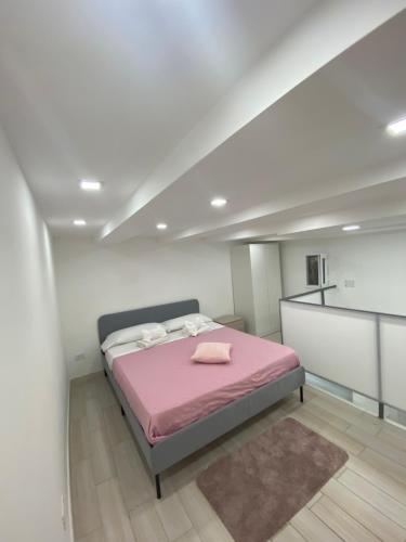 um quarto com uma cama rosa e um cobertor rosa em Casa Vacanza , Marianna em Nápoles