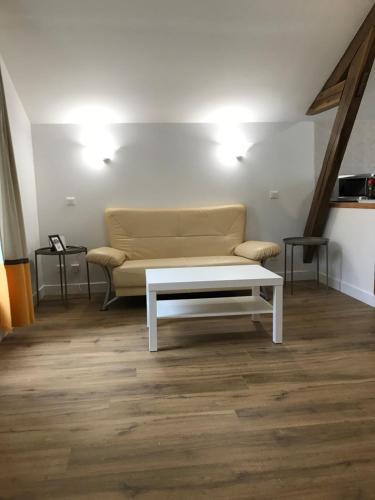 un salon avec un canapé et une table basse dans l'établissement LE PETIT FAURE - Face aux Thermes - Calme - Parking gratuit, à Vichy