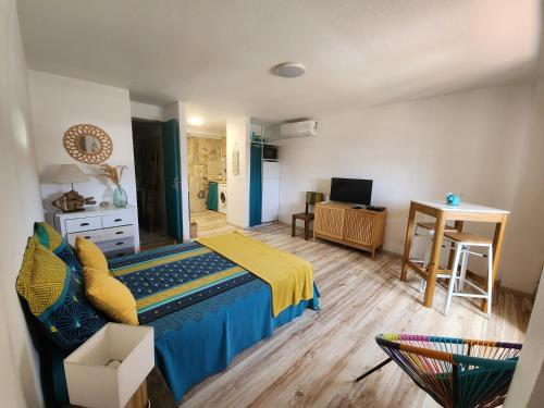een slaapkamer met een bed, een bureau en een televisie bij Studio face à la mer au pied de la Marina in Le Marin