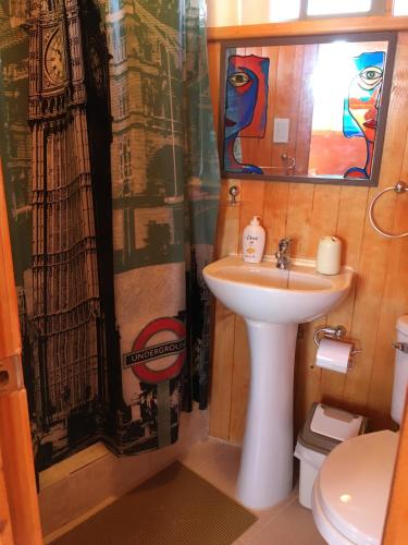 baño con lavabo y cortina de ducha en Hermoso Domo con vista al Mar en Horcón en Horcón