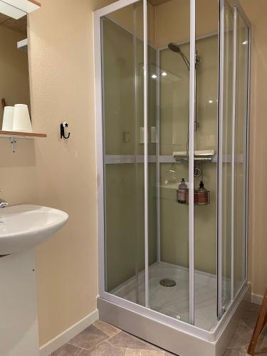 a glass shower in a bathroom with a sink at Nygaard B&B in Nørre Nebel