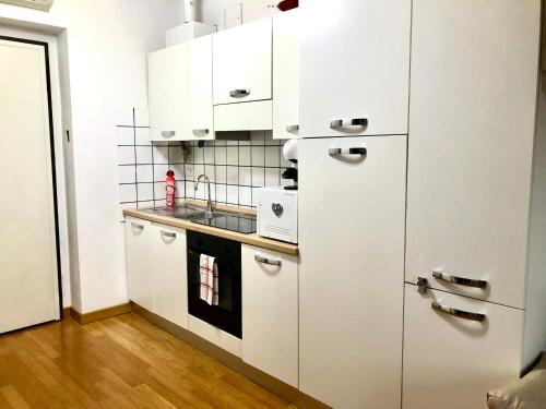 een keuken met witte kasten en een wastafel bij Corte Da Vinci - Fiera Milano e Milano City in Bareggio