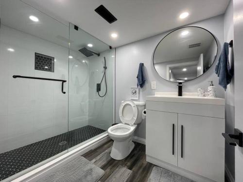 a bathroom with a shower and a toilet and a mirror at Apartment in St Thomas in Saint Thomas