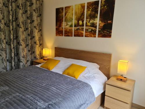 une chambre avec un lit et deux tables de nuit avec lampes dans l'établissement L'écrin des Oliviers, à Grasse