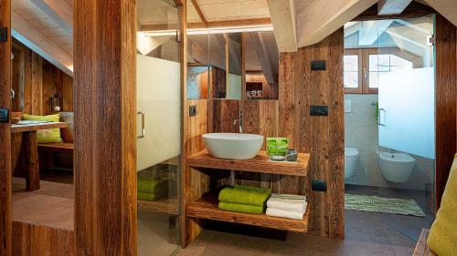 リヴィーニョにあるChalet Mottの木製の壁と大きな鏡が備わるバスルーム
