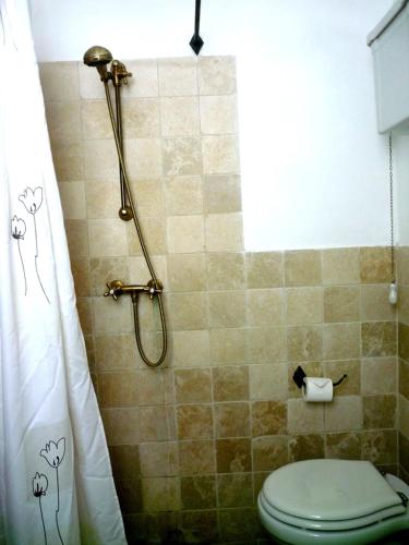 a bathroom with a shower with a toilet and a shower curtain at Casa Vacanze Riposo Del Vento in Cisternino
