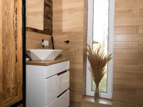a bathroom with a white sink and a window at Brama Do Lasu - Domek Mocy in Borków