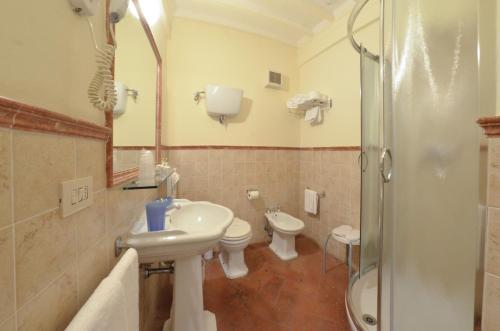 a bathroom with a sink and a toilet and a shower at Hotel San Michele in Cortona