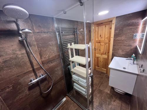uma casa de banho com um chuveiro e um lavatório. em Chata 1-Padesátka em Bedřichov