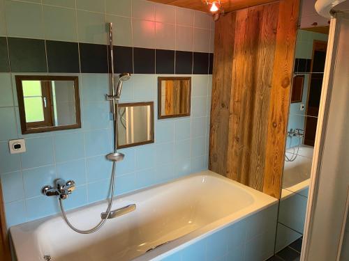 a bathroom with a bath tub with a shower at Edelweiss 4 Zi Ferienwohnung in Landhaus in Frutigen