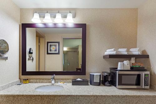 a bathroom with a sink and a mirror and a microwave at Best Western PLUS City Centre Inn in Edmonton
