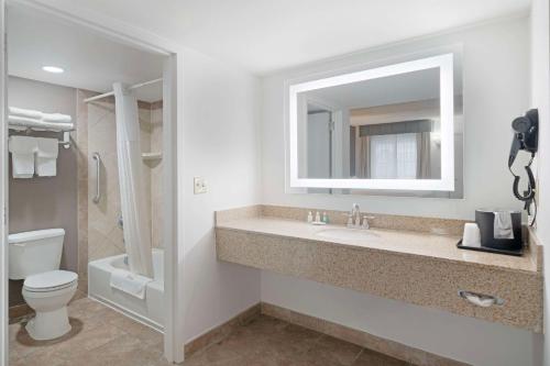 a bathroom with a sink and a toilet and a mirror at Quality Inn Idaho Falls in Idaho Falls