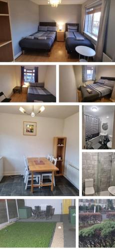 un collage de fotos de una habitación con una mesa y una cama en 1 Cozy Bedroom near Airport and city Centre 3people en Dublín