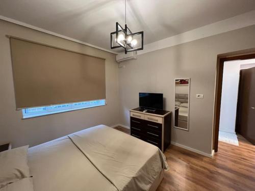 ティラナにあるTirana Deluxe Apartment w/ self Check-In 24hr!のベッドルーム(ベッド1台、薄型テレビ付)