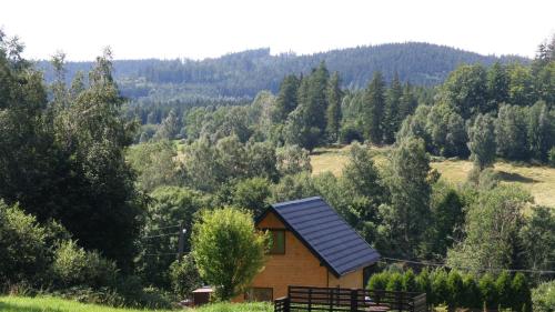 uma pequena casa com telhado solar numa floresta em Domki w Bartnicy - Góry Sowie em Ludwikowice Kłodzkie