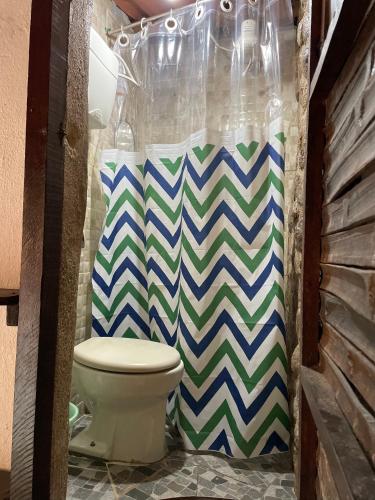 a bathroom with a toilet and a shower curtain at Ready Camp e Suítes da Cachoeira in Abraão