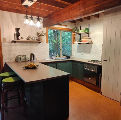 a kitchen with green cabinets and a counter with bananas on it at Springbrook Storybook in Springbrook