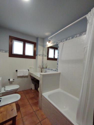 a bathroom with a tub and a toilet and a sink at Apartamentos La Cruz de Paderne in Navia