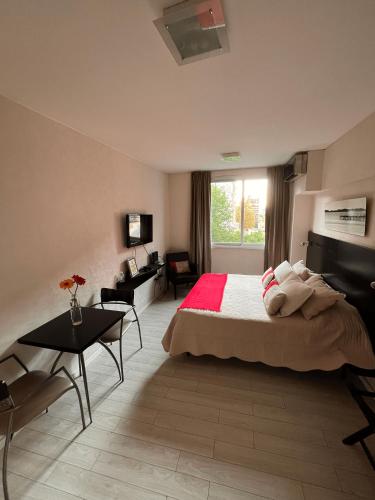 a bedroom with a large bed and a window at Monoambiente Frente Al Hospital Italiano in Buenos Aires