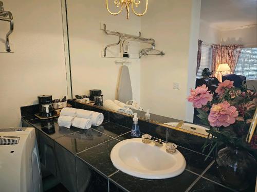 a bathroom with a sink and a mirror at Alhatti Christian Resort in Idyllwild