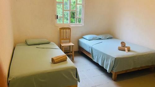 a room with two beds and a chair and a window at Ola Perfecta Hostel in Barra de la Cruz