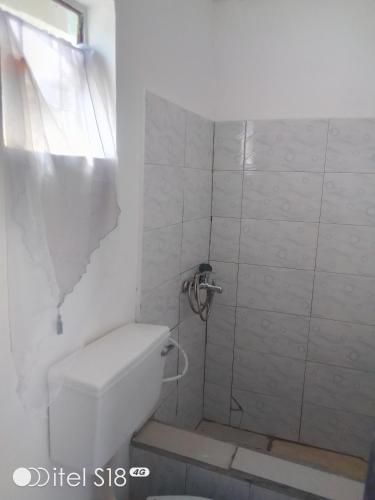 a white bathroom with a shower with a toilet at AKs in Lusaka