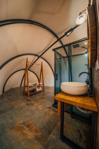 a bathroom with a glass shower and a sink at SNAİL HOUSE SAPANCA in Sapanca