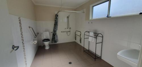 a bathroom with a toilet and a shower and a sink at Blackheath Glen Tourist Park in Blackheath