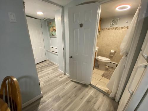 a bathroom with a toilet and a sink and a mirror at Nice 2bedroom Apt With Patio Included To Enjoy in West New York