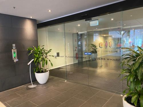 a store with plants in front of a glass wall at Luxurious Apartment in the heart of Docklands in Melbourne