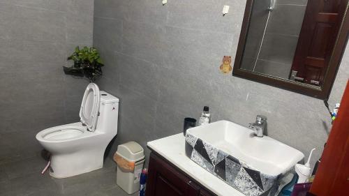 uma casa de banho com um lavatório, um WC e um espelho. em B house em Thôn Hòa Ða