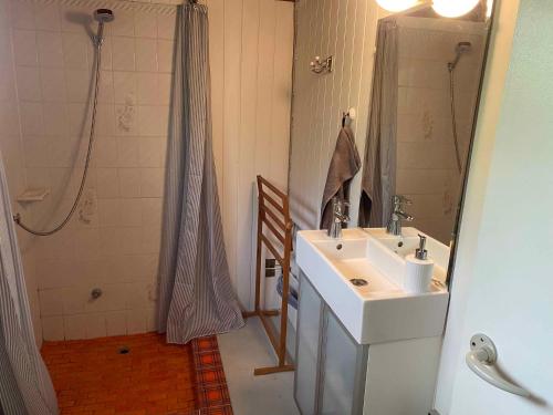 uma casa de banho com um lavatório e um chuveiro em Charmerende Hus Med Havudsigt - 200m Fra Havet em Nykobing Sjaelland