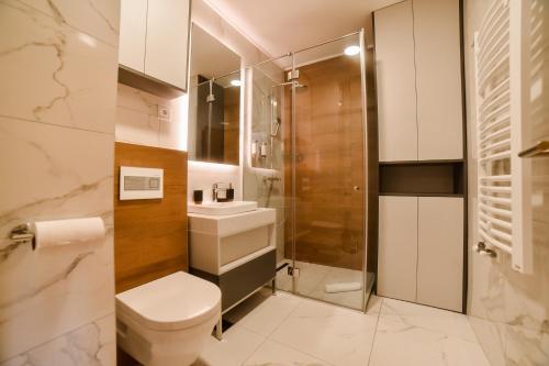 a bathroom with a toilet sink and a shower at Kraljev trg - lux apartman in Zlatibor