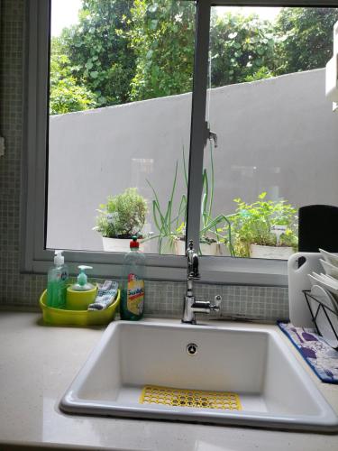 a sink in a kitchen with a window at Reef Hills Residence LUXURY VILLA in Anse aux Pins