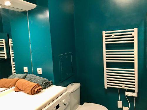 a blue bathroom with a toilet and a mirror at cosy & pratique in La Plaine-Saint-Denis