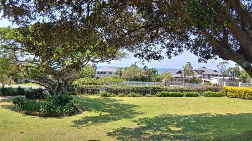 a green yard with a tree and houses at Kerynmere, 114 Nkwazi Drive, Zinkwazi Beach in Zinkwazi Beach