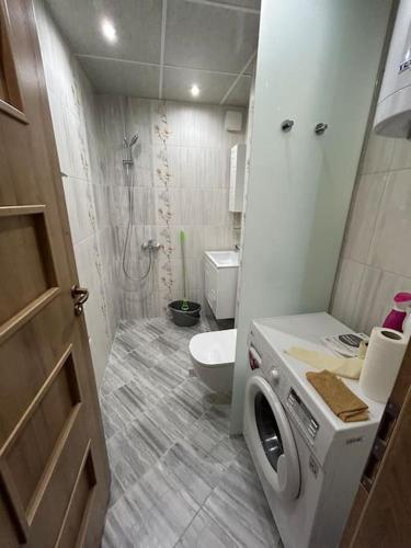 ein Badezimmer mit einer Waschmaschine und einem WC in der Unterkunft Luxurious flat Pleven Center in Plewen