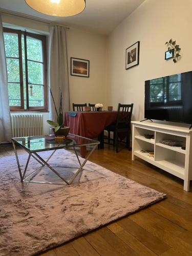 a living room with a table and a television at Chambre double vue lac Montreux centre in Montreux