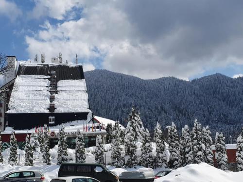 a snow covered mountain with cars parked in a parking lot at Hotel Piatra Mare in Poiana Brasov