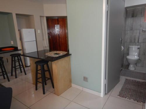 een keuken met een aanrecht, een wastafel en een toilet bij Solitaire Guest Apartments in Pretoria
