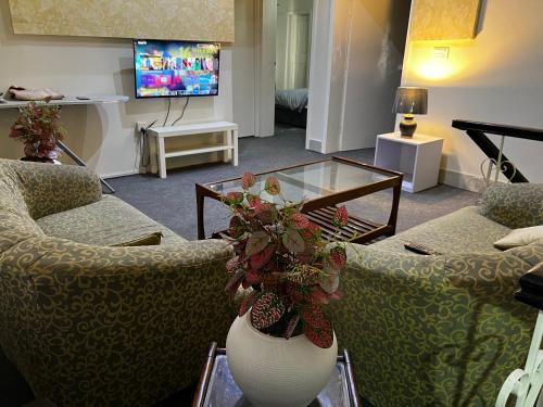 ein Wohnzimmer mit 2 Sofas und einem TV in der Unterkunft Two Bed Apartment F6 netflix wifi ac in Islamabad