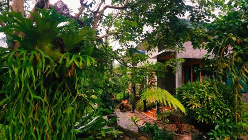 a garden with trees and plants in front of a house at Baan Pak Arom Resort Chanthaburi 