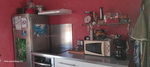 a kitchen with a microwave and a refrigerator at Villa Sand 5mn château goutelas in Marcoux