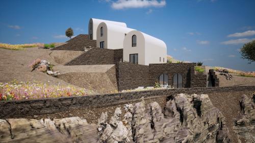 une confection d'une église sur une colline fleurie dans l'établissement Bay View Residences Santorini, à Akrotiri