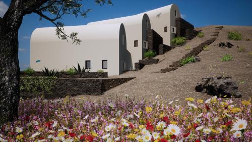 阿克羅蒂里的住宿－Bay View Residences Santorini，前面有鲜花的建筑
