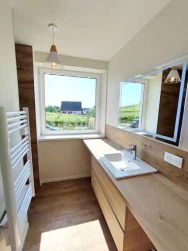 une salle de bain avec un lavabo et une fenêtre dans l'établissement L'Altenberg, à Bergheim