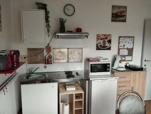 a kitchen with a stove and a microwave at Logies Lily in Oudenburg