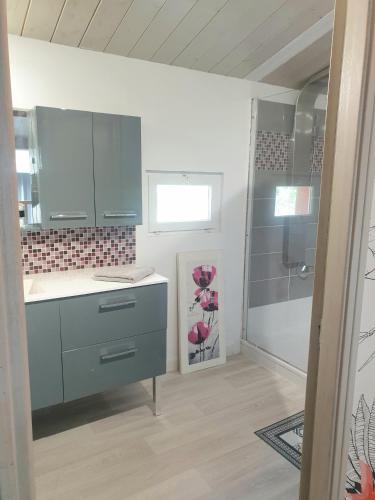 une cuisine avec un évier et une douche dans l'établissement La Villa Michèle, domaine sur les hauteurs de Pézenas, à Pézenas